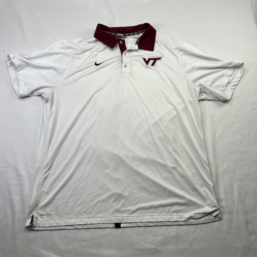 Nike Virginia Tech Hokies Mens XXL WHT Dri-Fit Polo Shirt, Light Stain on Front